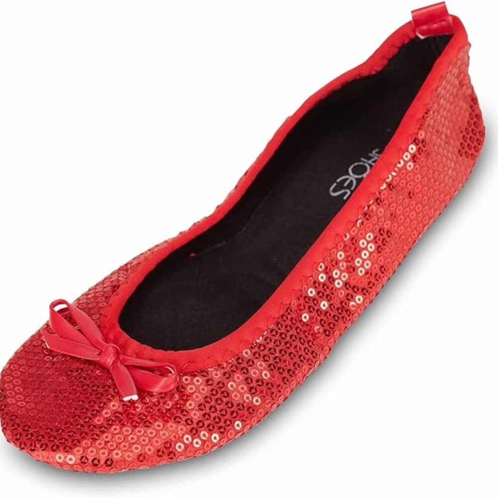 Foldable Portable Travel Ballet Flats w/Matching Carrying Case Red Glitter 7